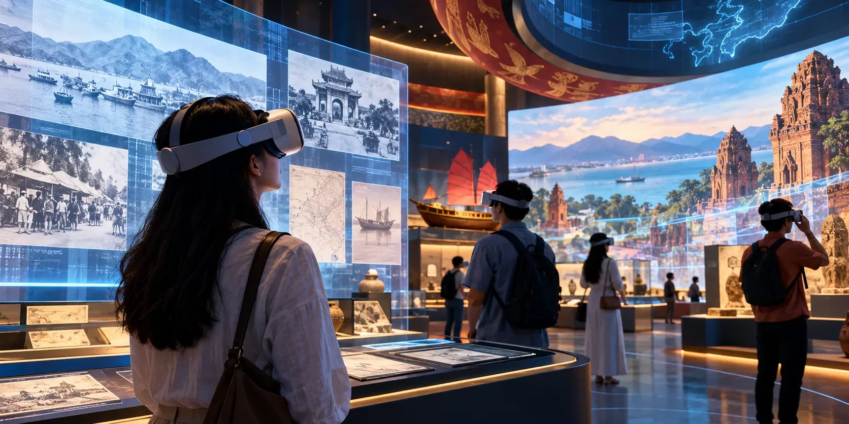 Nha Trang VR history experience editorial hero Visitors explore Nha Trang history through virtual reality in a modern exhibition